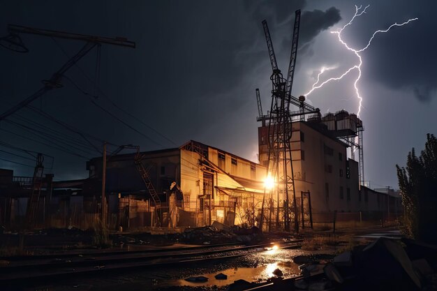 Stormy night with lightning illuminating the sky and striking a destroyed industrial building