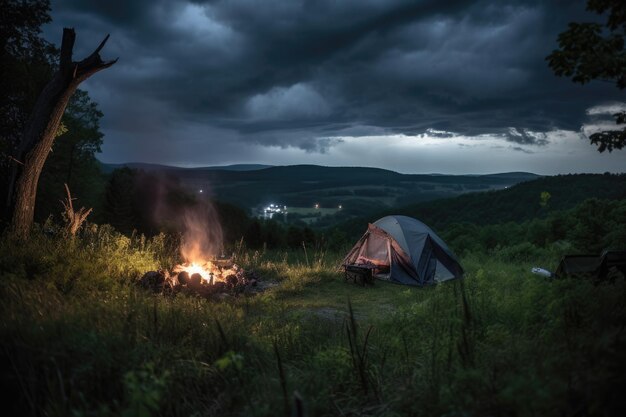 Stormy night with view of tent and campfire in the distance created with generative ai