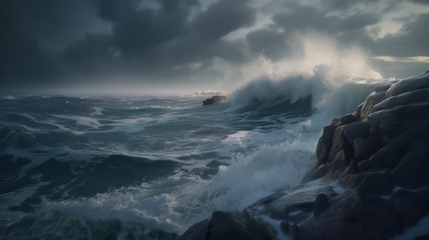 A stormy ocean with a large wave crashing against it