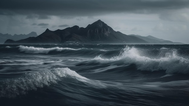 A stormy ocean with a mountain in the background