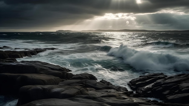 Foto un oceano tempestoso con un cielo tempestoso e il sole che splende tra le nuvole