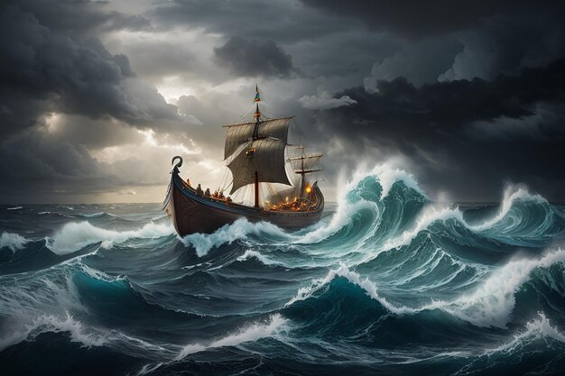 写真 嵐の海でバイキング船が波と風と戦っている