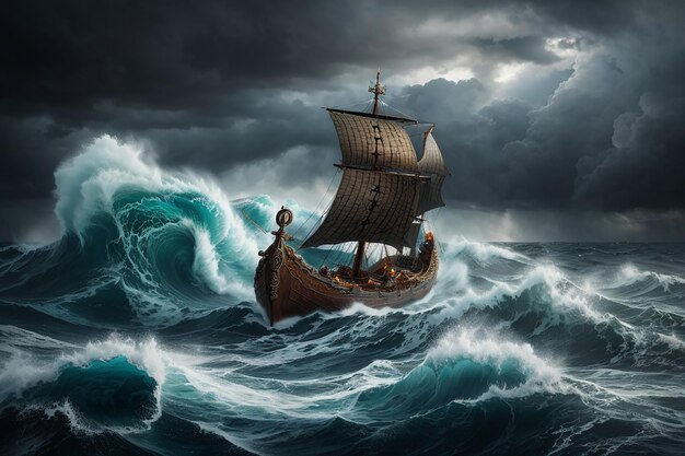 写真 嵐の海でバイキング船が波と風と戦っている