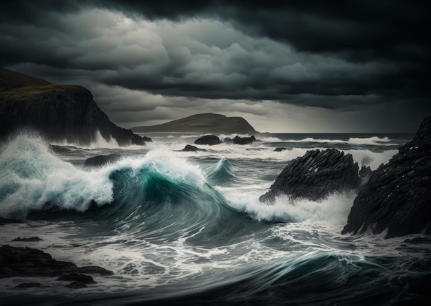 Бурный океан с волнами, разбивающимися о скалы Генеративный ИИ
