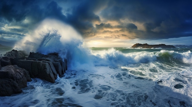 Foto scene di fronte all'oceano tempestoso