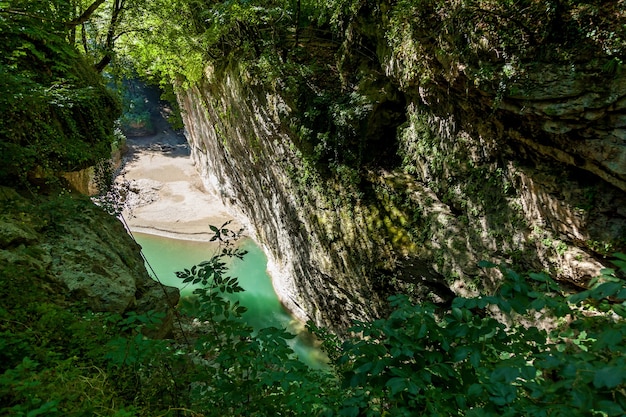 Stormy river Belaya in the Khadzhokh gorge. Beautiful landscapes, canyons and gorges.