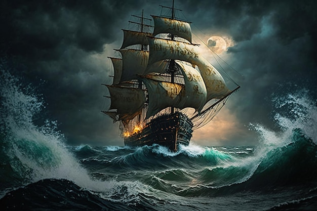 On a stormy sea a pirate ship