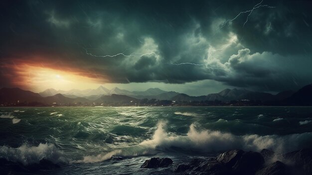 Stormy sea at sunset Dramatic sky generative AI