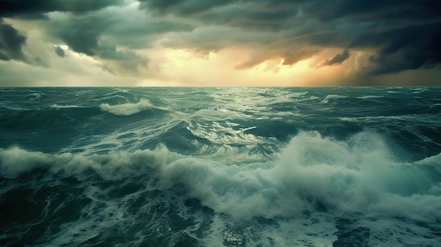 Stormy sea at sunset Dramatic sky generative AI