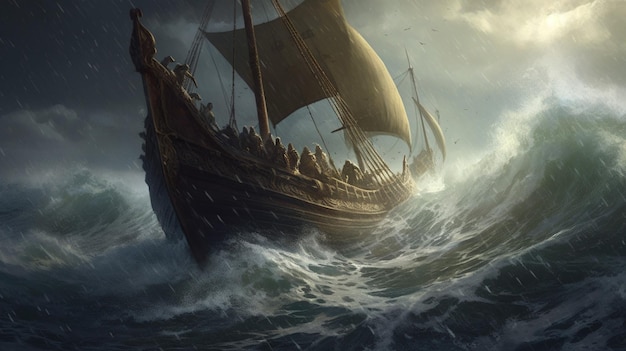 Stormy sea with viking ship riding the waves