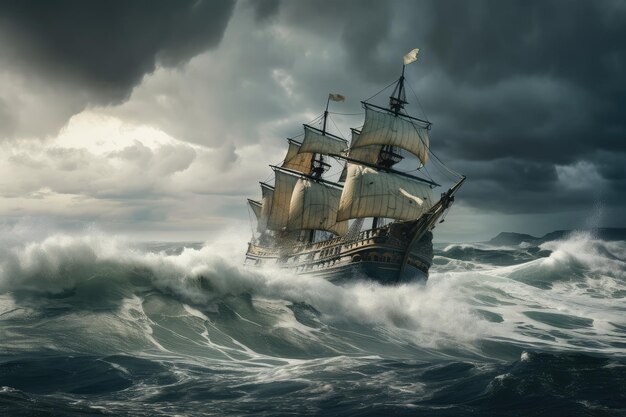 Stormy seas with treasurefilled pirate ship making its escape