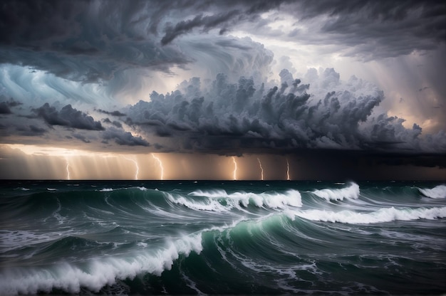 Foto cieli tempestosi un affascinante dipinto di nuvole turbolente sopra l'enorme oceano