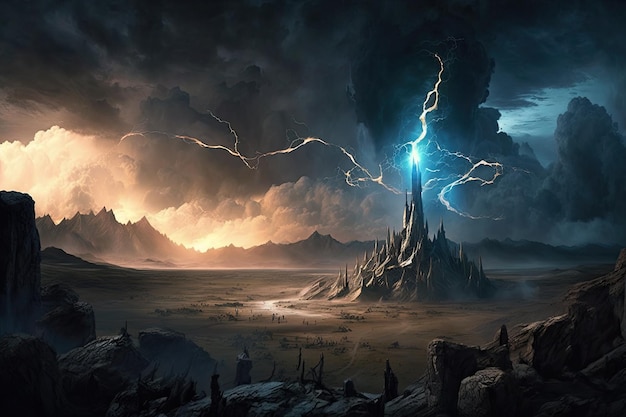 Stormy sky above the desolate lands of mordor with lightning bolts striking across the sky