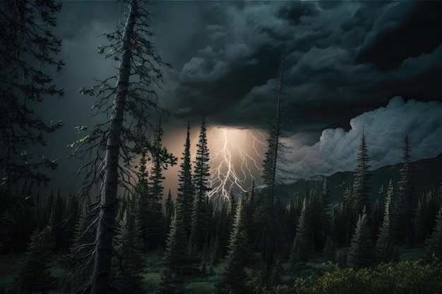 Stormy sky above spruce forest with lightning flashes