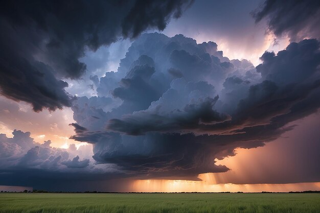 Stormy sky with dramatic clouds from an approaching thunderstorm at sunset