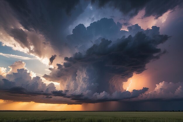 Stormy sky with dramatic clouds from an approaching thunderstorm at sunset