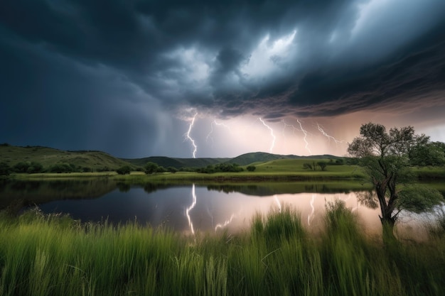 Stormy sky with lightning and rolling thunder above serene landscape created with generative ai