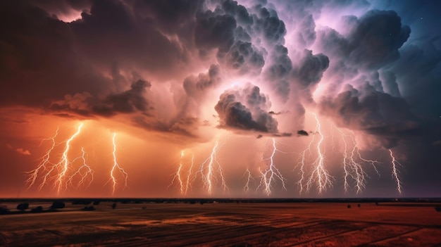 A stormy sky with multiple lightning strikes represents a severe storm Generative AI