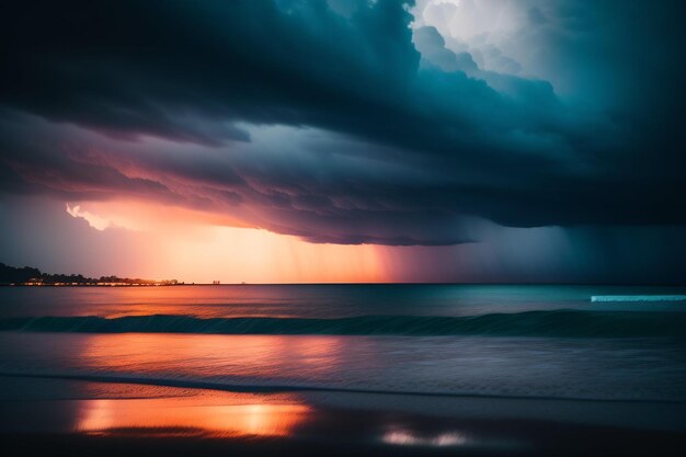 A stormy sky with a sunset in the background