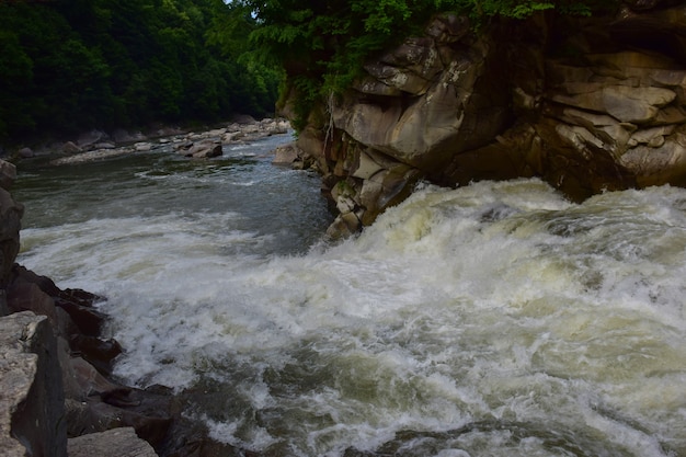 A stormy stream of a mountain river with a foamy waterfall flows between the rocky banks