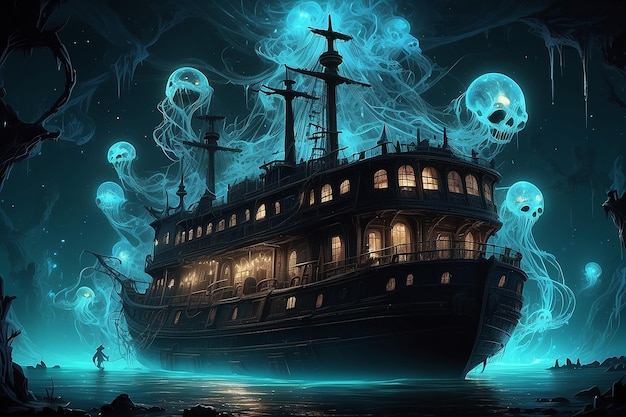 stormy weather sea waves and big pirate color neon glowing ship