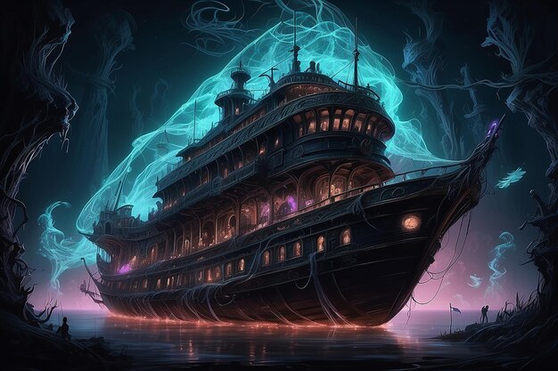 stormy weather sea waves and big pirate color neon glowing ship