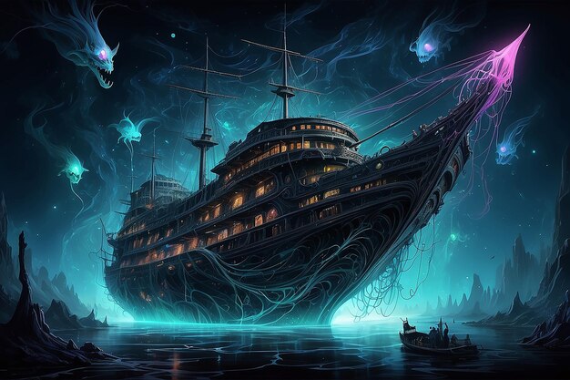 stormy weather sea waves and big pirate color neon glowing ship