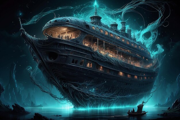 stormy weather sea waves and big pirate color neon glowing ship