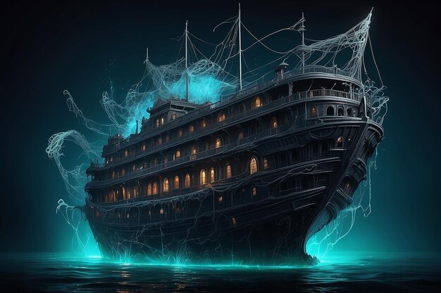 stormy weather sea waves and big pirate color neon glowing ship