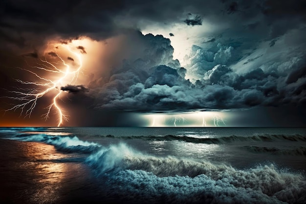 Photo stormy weather over sea with lightning and thunder in sky dramatic thunderstorm generative ai