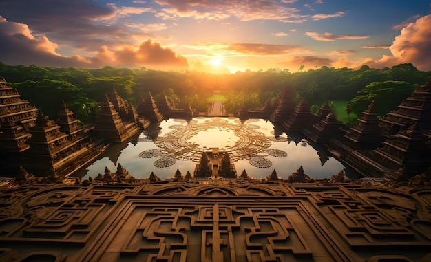 Story book of Mystical landscape with ancient temples and mountain 3D rendering