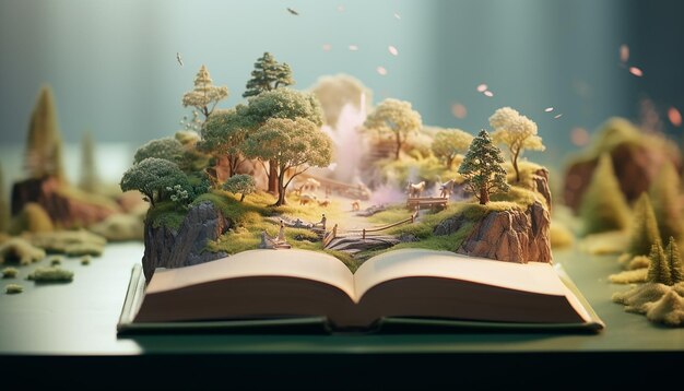 A story book opened with the image of the story on top of the book in 3d Pastel color blurred backg