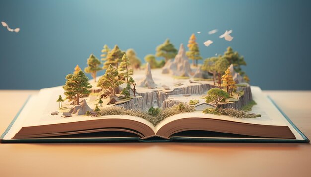 Foto un libro di storie aperto con l'immagine della storia in cima al libro in 3d colore pastello sfocato sfondo