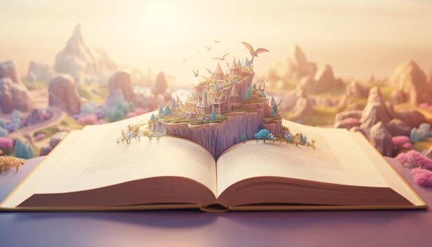 A story book opened with the image of the story on top of the book in 3d pastel color blurred backg