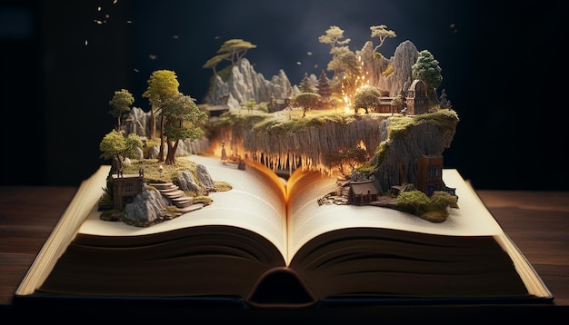 A story book opened with the image of the story on top of the book in 3d