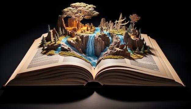 A story book opened with the image of the story on top of the book in 3d