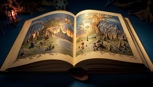 A story book opened with the image of the story on top of the book in 3d