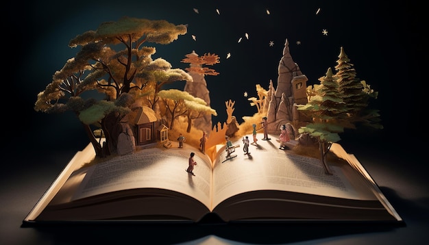 A story book opened with the image of the story on top of the book in 3d