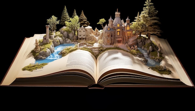 Книга рассказов открыта с изображением истории на вершине книги в 3D