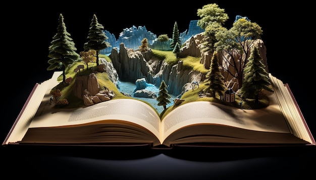 Книга рассказов открыта с изображением истории на вершине книги в 3D