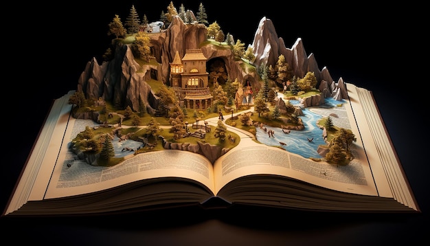 A story book opened with the image of the story on top of the book in 3d