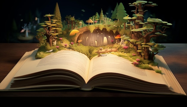 A story book opened with the image of the story on top of the book in 3d