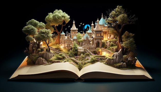 A story book opened with the image of the story on top of the book in 3d