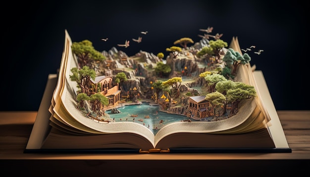A story book opened with the image of the story on top of the book in 3d