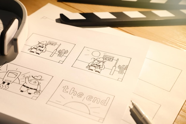 Foto storyboards met tekenfilmschetsen op de werkplek