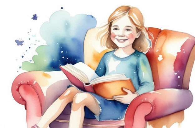 storytelling children education caucasian girl reading book in armchair watercolor illustration