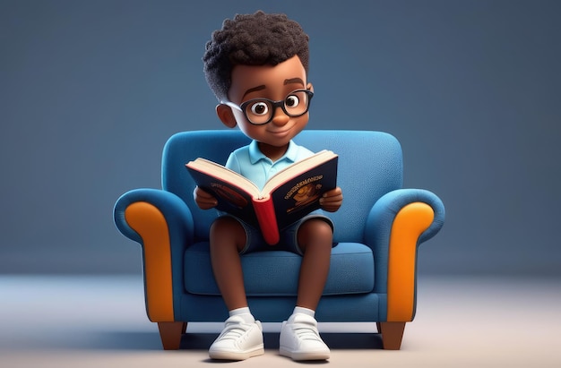 storytelling concept cartoon illustration of smiling black boy reading interesting book in armchair