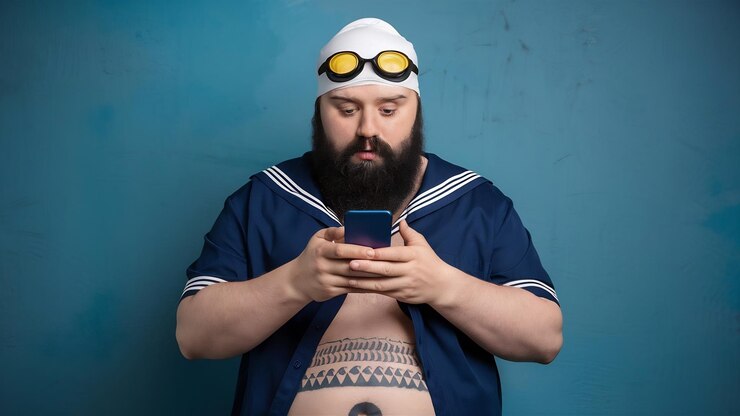 Photo stout shocked bearded man covers mouth and stares at smartphone reads something astonishing dress