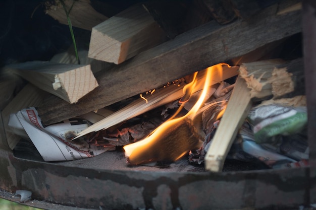 Photo stove in the field with fire