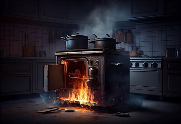 Stove ignited in the modern kitchen during cooking smoke and soot around fire at home Generate Ai